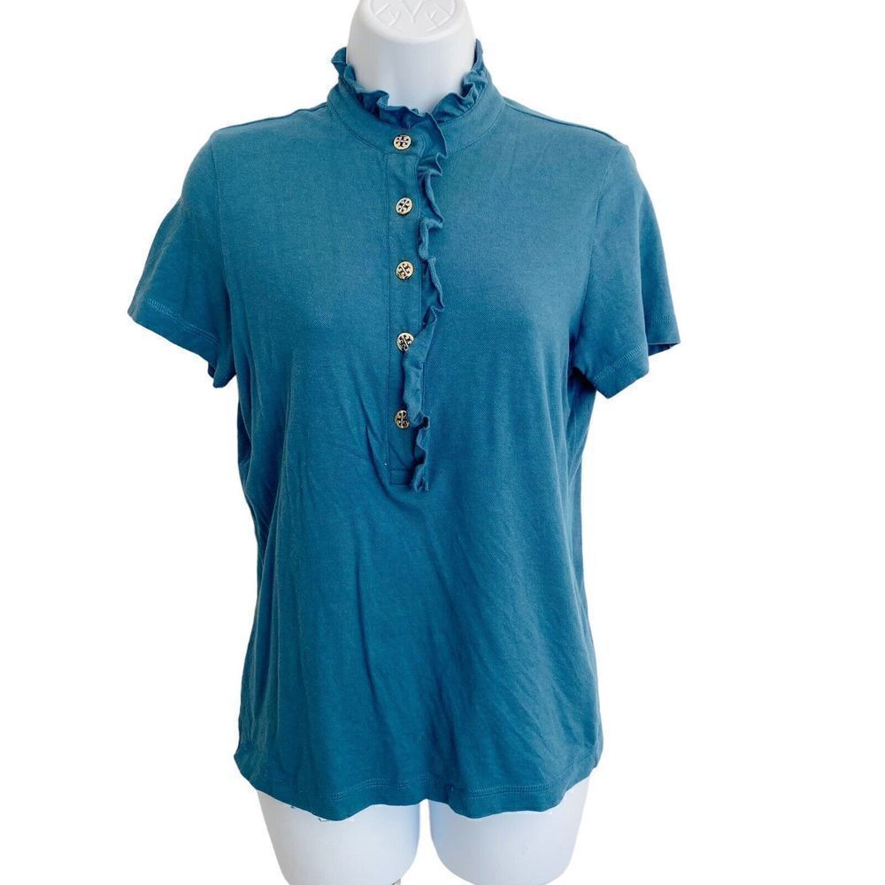 Tory Burch Womens Ruffled Short Sleeve Half Buttoned Collared Top Blue Size M
